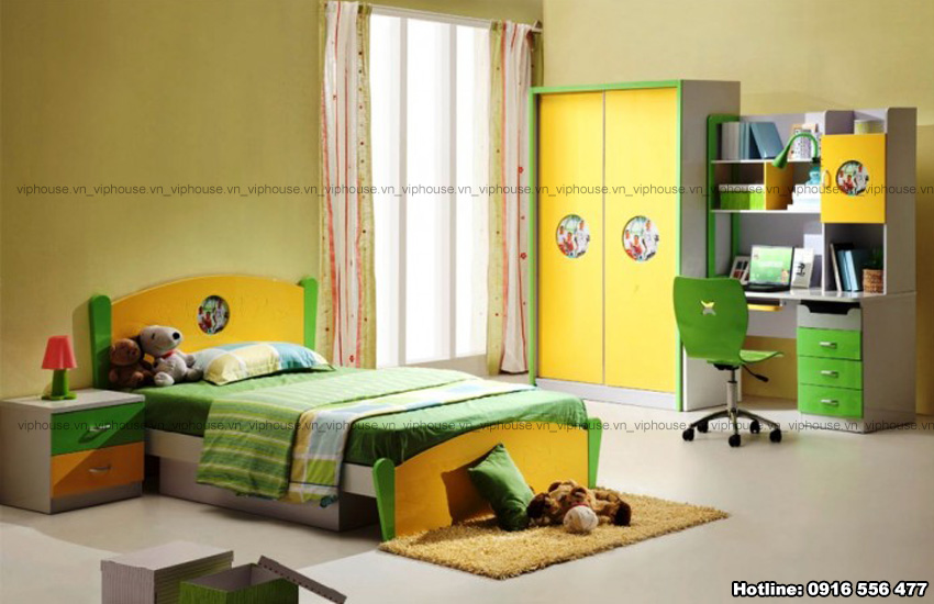 Thiết kế nội thất phòng ngủ của bé với gam màu vàng xanh